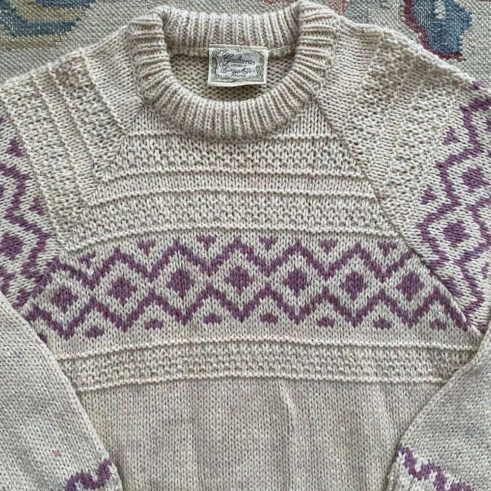 Vintage Gaeltarra Irish Sweater Wool 40" Large White Purple Raglan